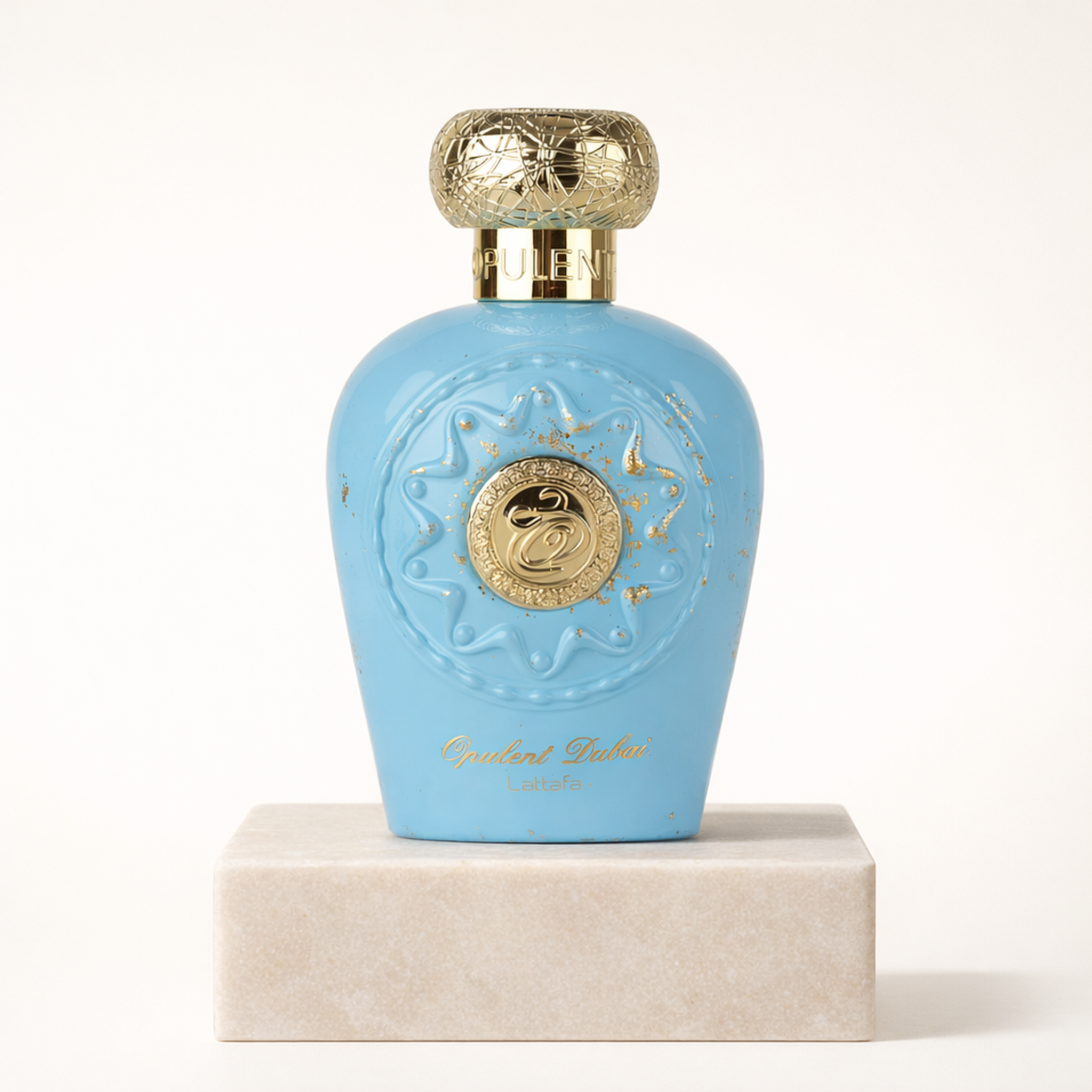 Lattafa Opulent Dubai EDP upright pedestal gallery showcase