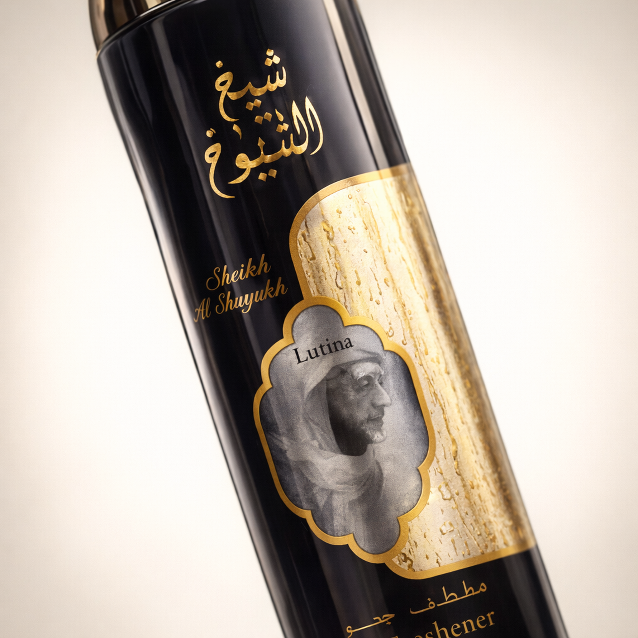 Lattafa Sheikh Al Shuyukh Luxe Edition Air Freshener macro label detail gallery showcase