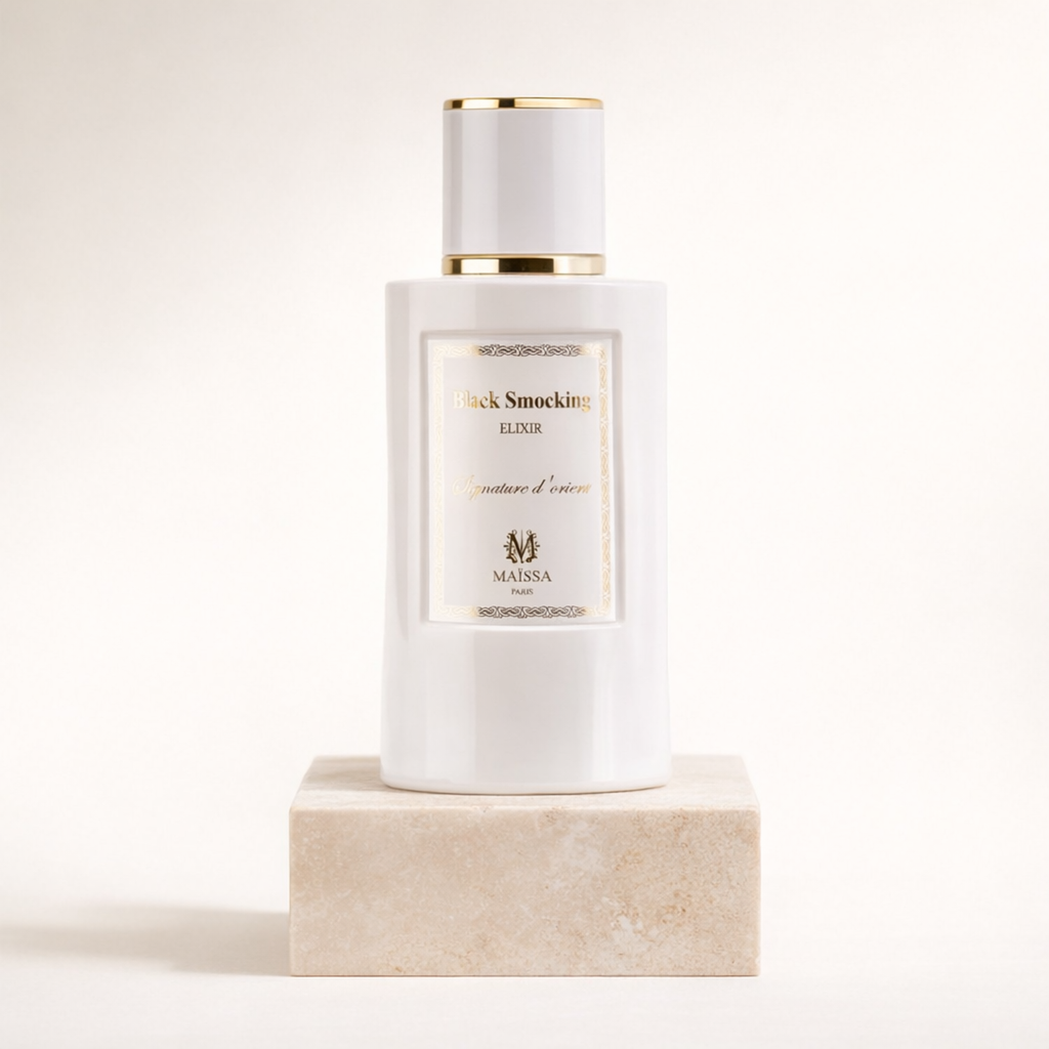 Maissa Black Smocking Elixir EDP upright pedestal gallery showcase