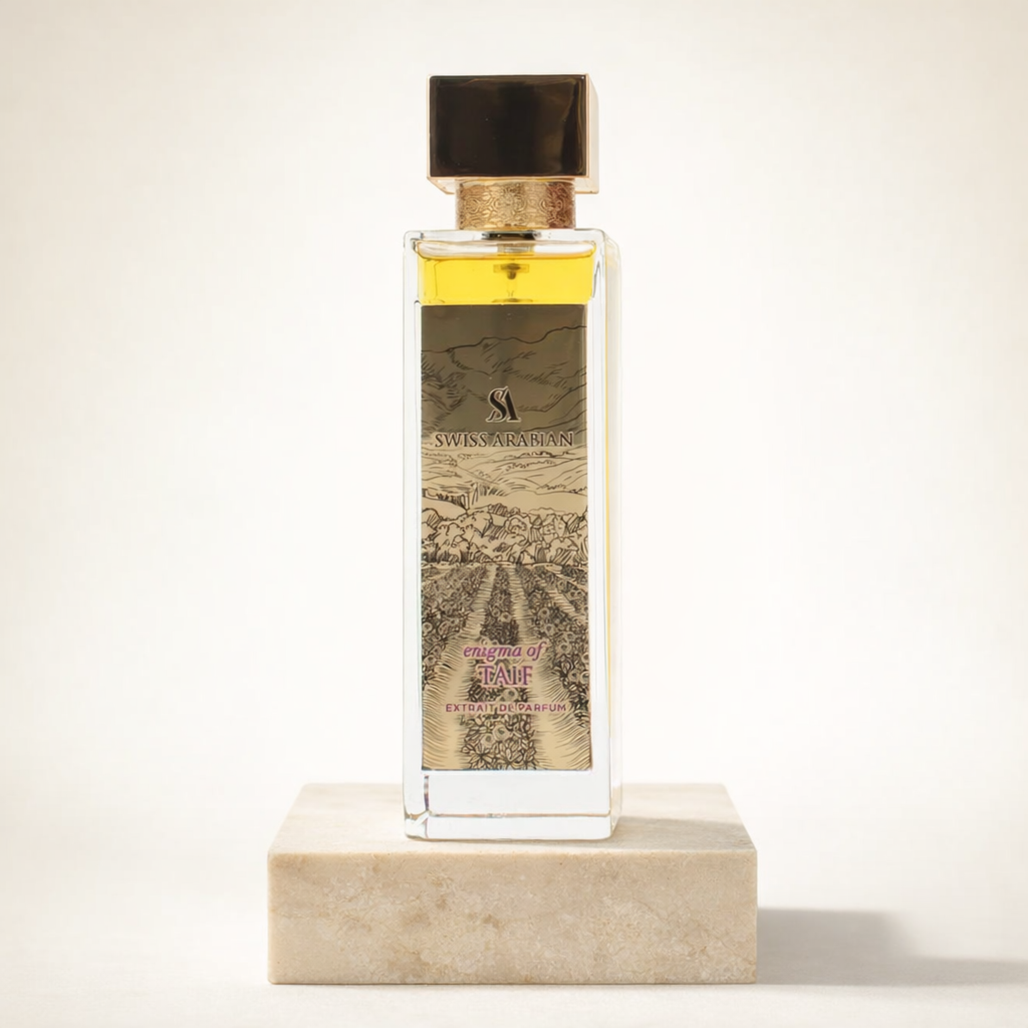 Swiss Arabian Enigma of Taif Extrait Parfum upright pedestal gallery showcase