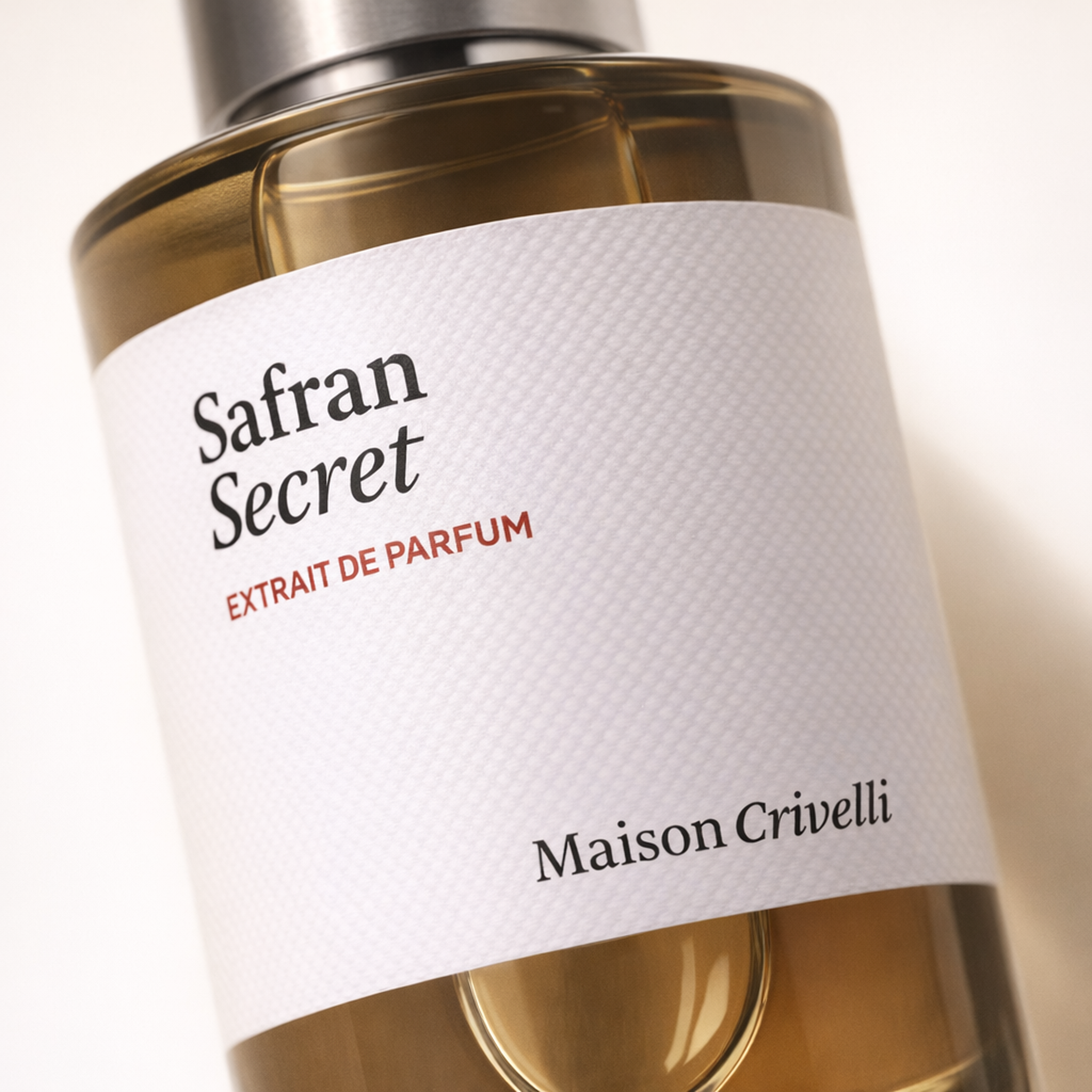 Maison Crivelli Safran Secret Extrait de Parfum macro label detail gallery showcase