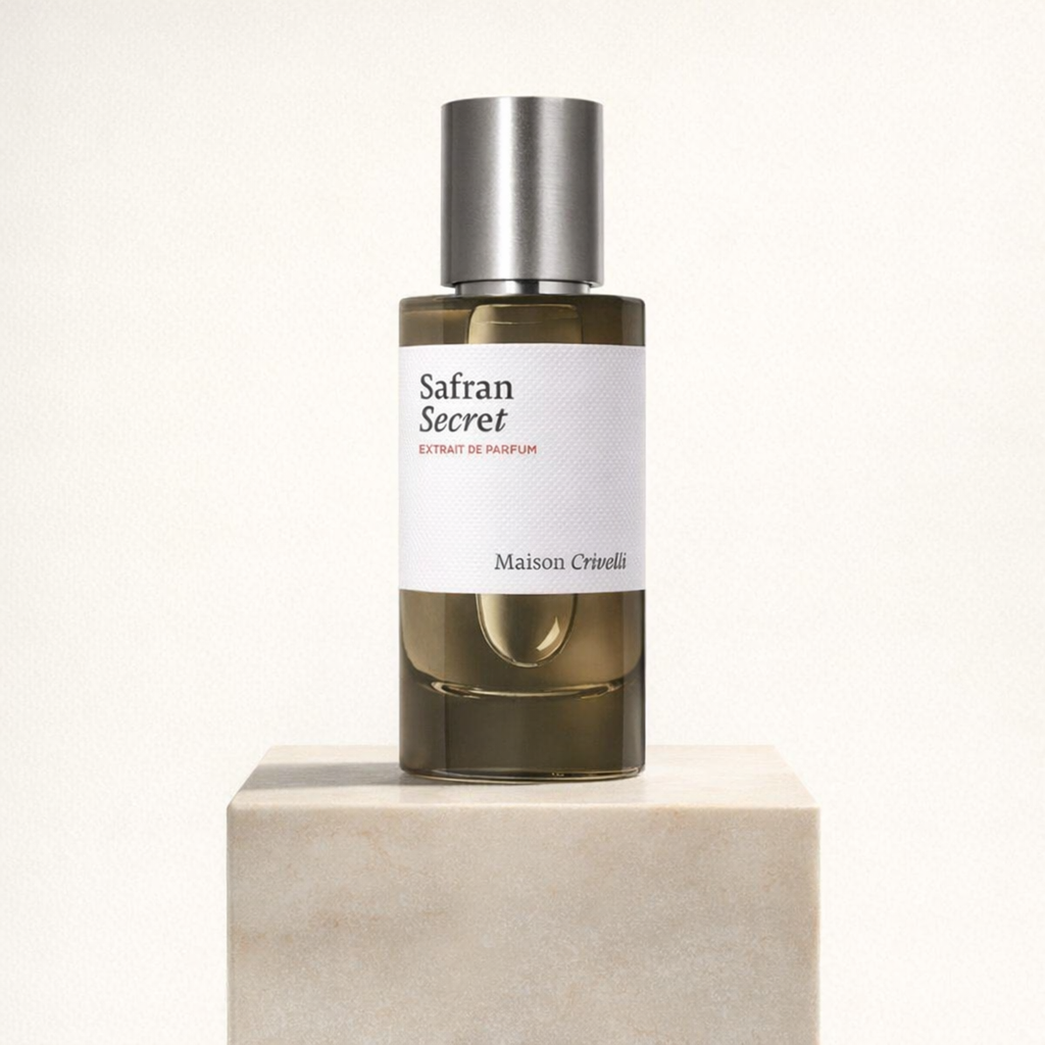 Maison Crivelli Safran Secret Extrait de Parfum upright pedestal gallery showcase