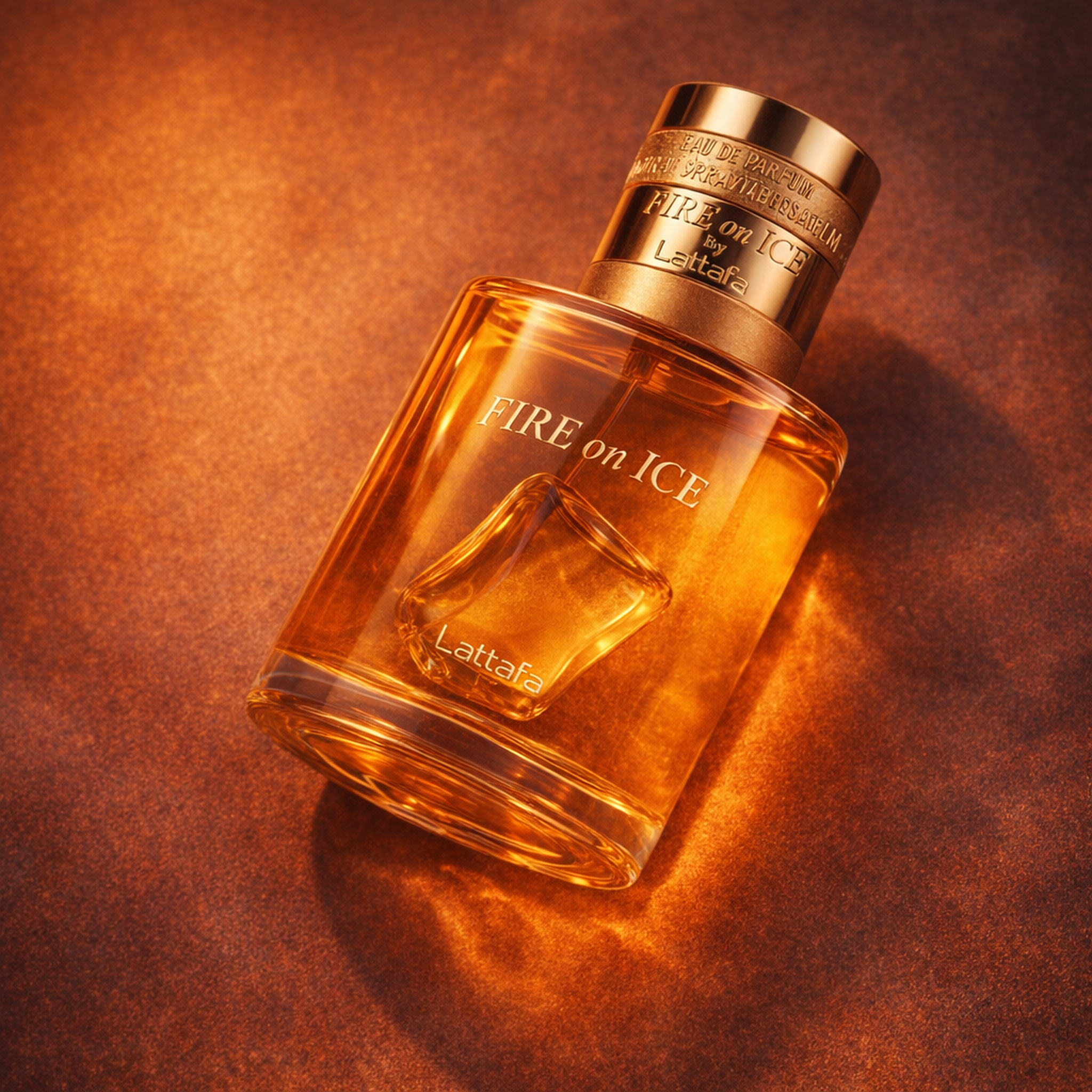 Lattafa Fire On Ice EDP angled still-life gallery showcase