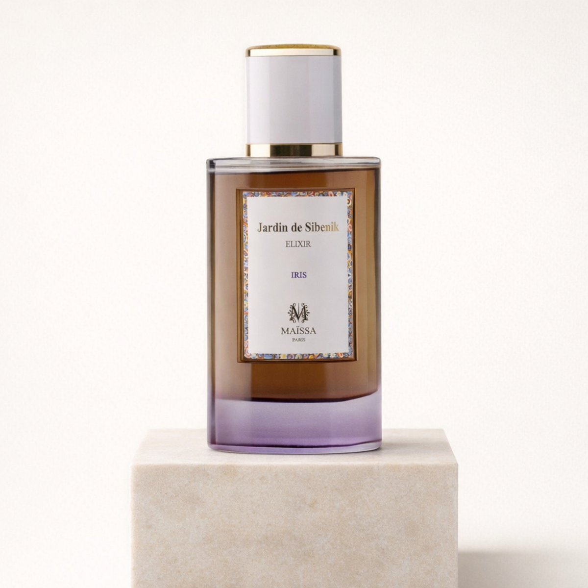 Maissa Jardin de Sibenil Elixir Iris EDP upright pedestal gallery showcase
