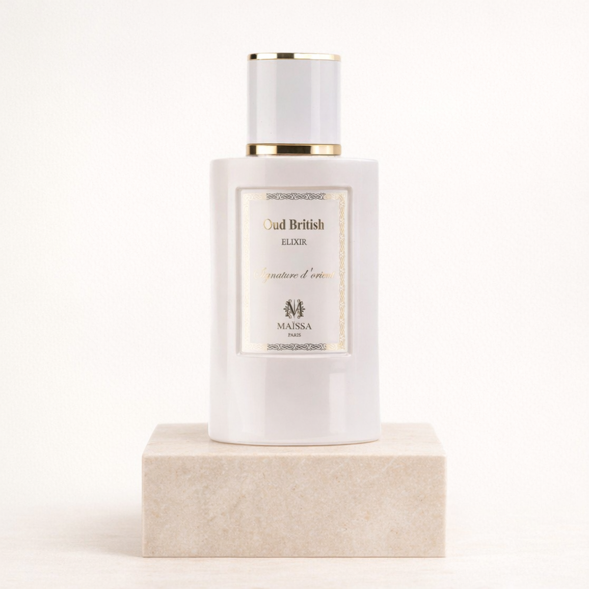 Maissa Oud British Elixir EDP upright pedestal gallery showcase