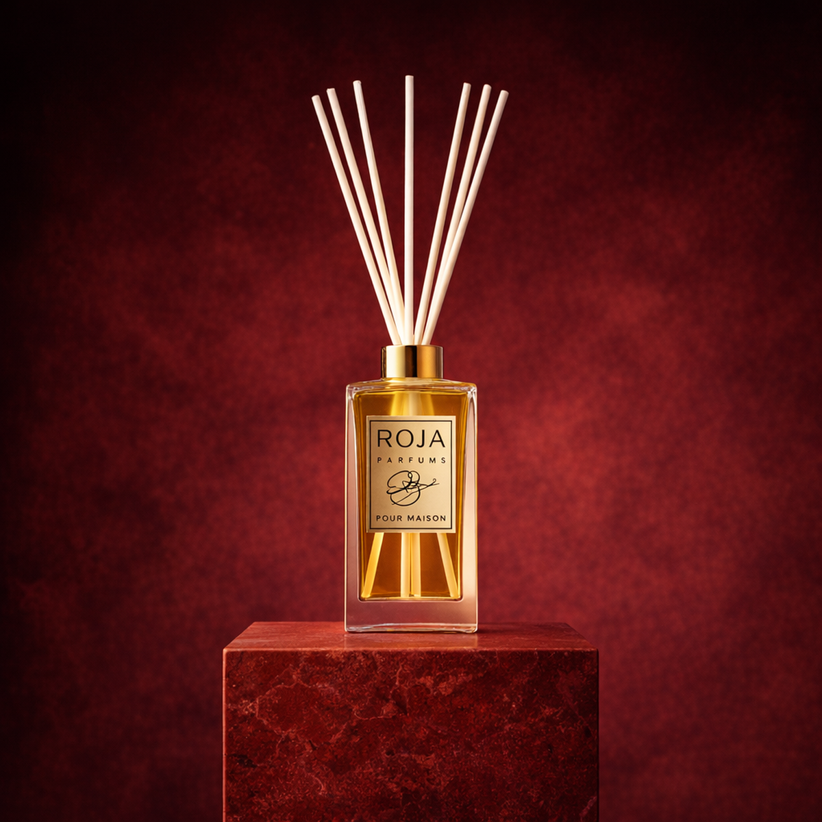 Roja Parfums Amber Aoud Reed Diffuser upright pedestal gallery showcase
